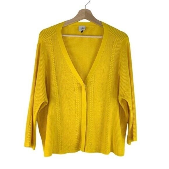 Cabi Yellow Pointelle Lightweight Cardigan V Neck in Sunflower Yellow - Picture 2 of 6